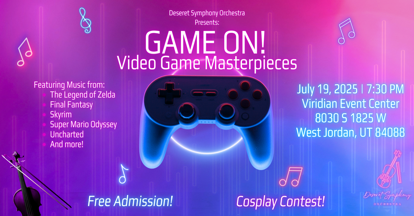 A video game controller on a neon pink and purple background with neon lights shaped like music notes around it.